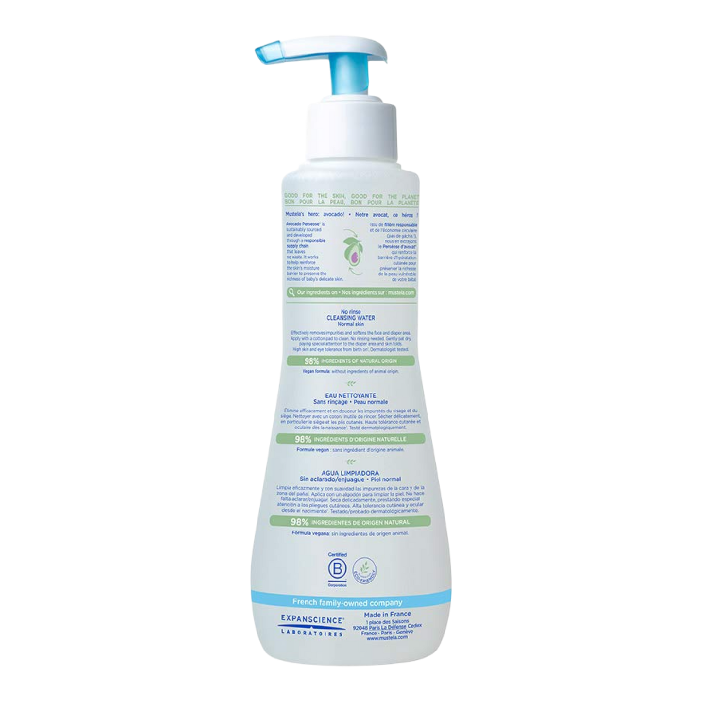 Mustela Agua limpiadora para bebés, agua micelar sin enjuague, para cara, cuerpo y pañal del bebé