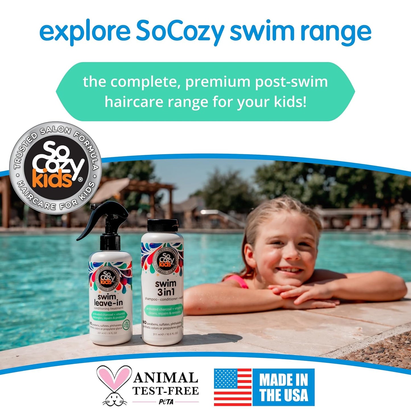 SoCozy Kids Swim 3 en 1 Champú, acondicionador y gel de baño, 3 en 1 para piscina