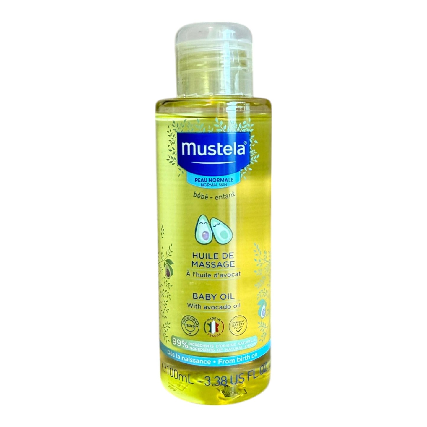 Mustela Aceite hidratante para masajes para bebés, con aceite natural de aguacate, granada y girasol,