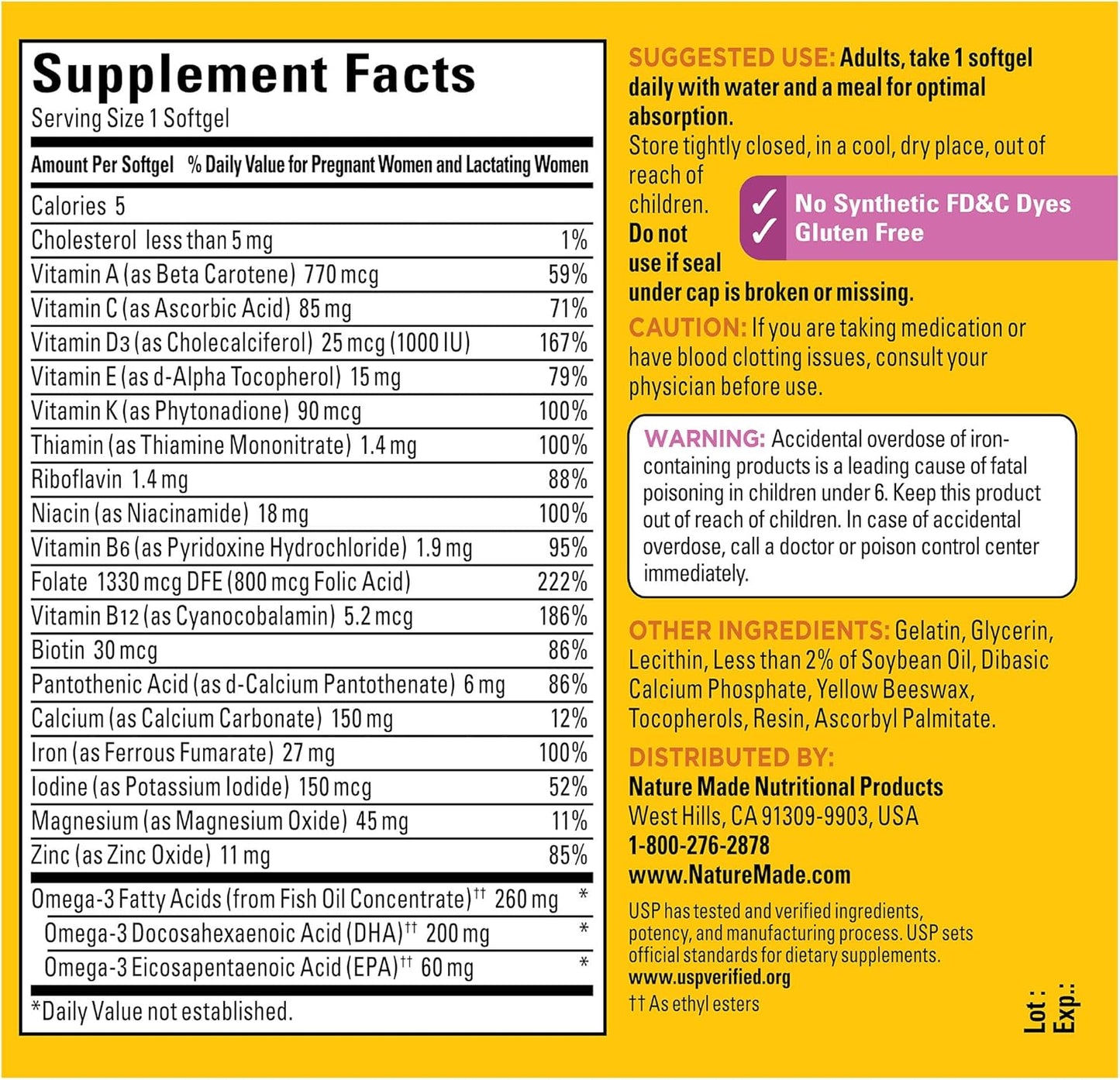 Nature Made Prenatal con ácido fólico + DHA, suplemento vitamínico y mineral prenatal