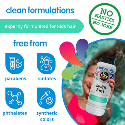 SoCozy Kids Swim 3 en 1 Champú, acondicionador y gel de baño, 3 en 1 para piscina