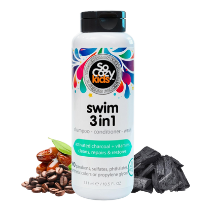 SoCozy Kids Swim 3 en 1 Champú, acondicionador y gel de baño, 3 en 1 para piscina